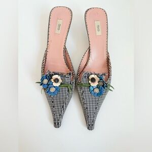 Prada Black White Gingham Flower bouquet Vintage mules heels EU 39.5